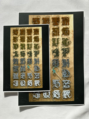 Calligraphy Letters in Earth tones in a grid layout 